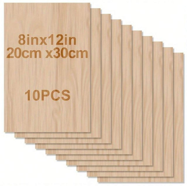 10 Blanko-Sperrholzplatten für Bastelarbeiten und Laserbearbeitung, Beige, B: 30,48 cm, H: 20,32 cm, Dicke: 0,15 cm - Bild 1