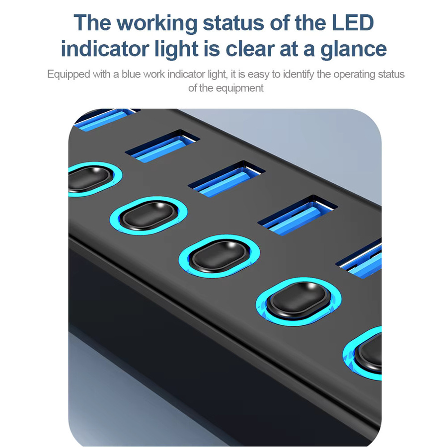 KEBIDUMEI 7-in-2 USB 3.0 Hub mit Einzelnen Ein/Aus-Schaltern und USB-C Anschluss, 5Gbps USB-Verteiler in Schwarz - Bild 3