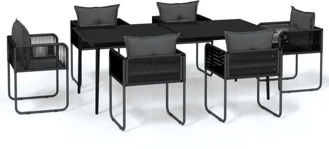 vidaXL 7-teilige Garten-Essgruppe in Schwarz mit Tisch aus gehärtetem Glas und Stühlen aus Rattan und pulverbeschichtetem Stahl - Bild 1