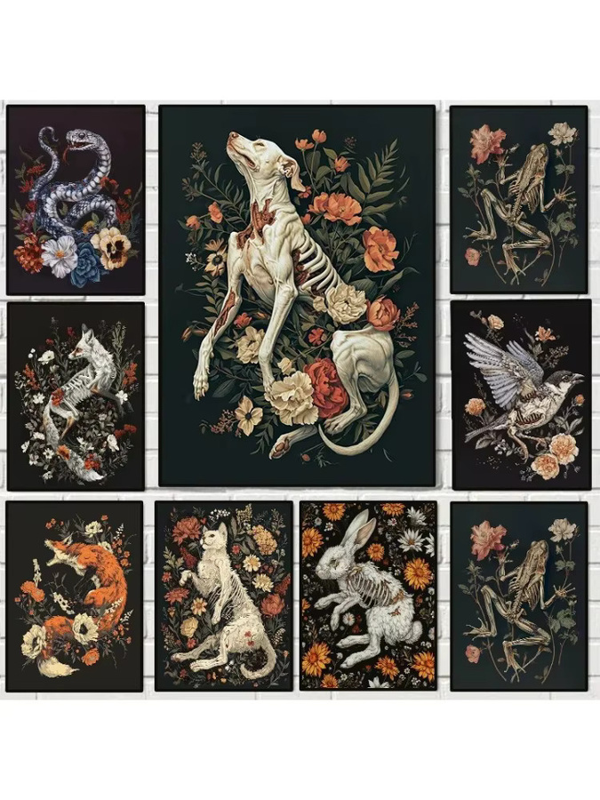 Potdemiel Leinwandgemälde mit Blumen-Skelett-Tieren im Dark Academia Stil, Gotische Wandkunst Illustration in Mehrfarbig - Bild 2