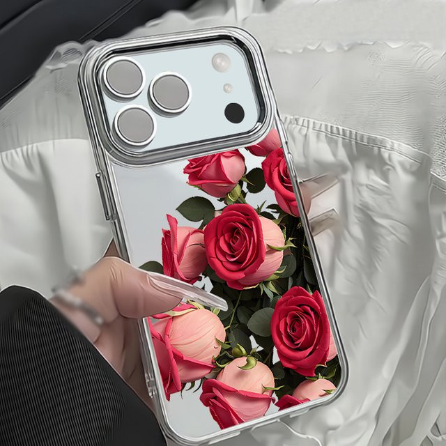 MOESOE Handyhülle mit rotem Rosenmuster für iPhone 17 16 15 14 13 12 Pro Max Air, transparent mit Linsenrahmen und weicher TPU-Abdeckung - Bild 1