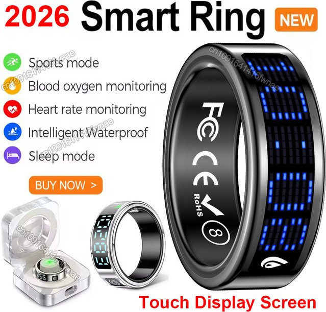 Ola Esporte Smart Ring mit Touch-Display und Gesundheitsmanager, kabelloses Laden, 5 ATM wasserdicht, Unisex, Schwarz oder Weiß - Bild 1