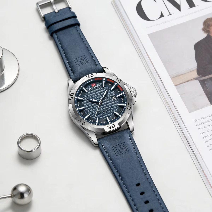 VA VA VOOM Armbanduhr, Quarz, Leder, Silber, Blau, 45 mm, Herren - Bild 1