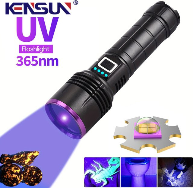 KENSUN UV-Taschenlampe 80 W mit 365 nm Wellenlänge, wiederaufladbar via USB-C, Schwarz und Violett - Bild 1