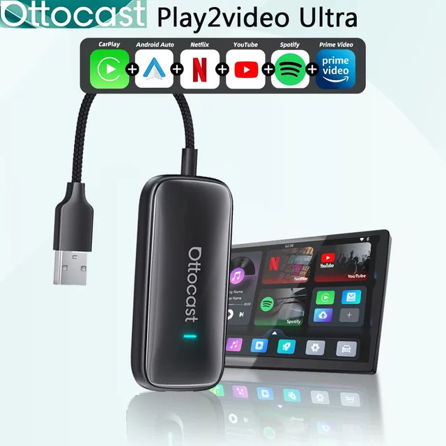 OTTOCAST Play2Video Ultra Wireless CarPlay und Android Auto Adapter mit integrierter YouTube und Netflix Video Box in Schwarz - Bild 1