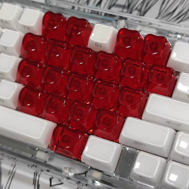 21er Set Liebes-Tastenkappen für mechanische Tastaturen in Rot, seitlich graviert und durchscheinend, passend für 60/61/68/104 Tastaturen, Gaming-Tastatur-Zubehör - Bild 3
