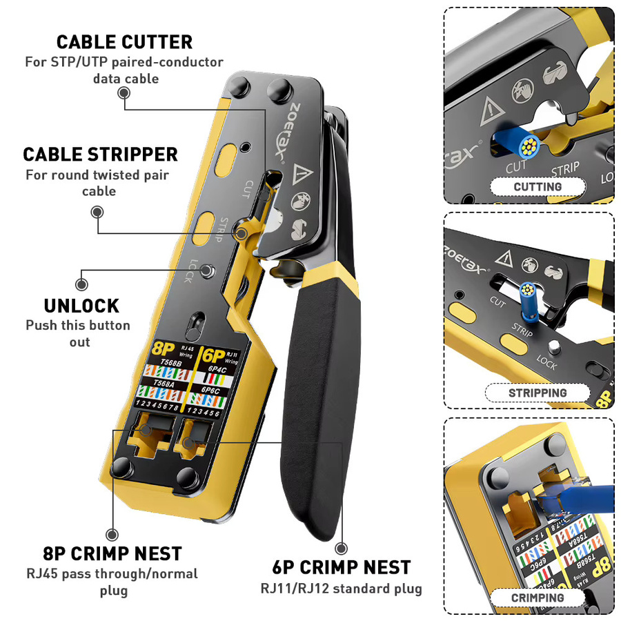 ZoeRax Netzwerk Werkzeugset in Gelb mit RJ45 Pass Through Crimp Tool, Kabeltester, LSA-Anlegewerkzeug, Abisolierer, Cutter und Cat6 Steckern - Bild 2