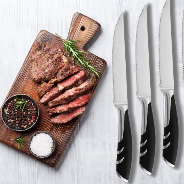 ALLWIN HOUSEWARE W Steakmesser-Set aus hochkohlenstoffhaltigem Edelstahl mit schwarzem ergonomischen Kunststoffgriff, 5 Zoll, Silber/Schwarz - Bild 1