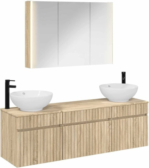 vidaXL Badezimmerschrank-Set 4-teilig in Sonoma-Eiche mit Waschtischunterschrank, Spiegelschrank und LED-Beleuchtung, Farbe: Braun, B/T/H: 103,5 x 15,5 x 70 cm - Bild 1