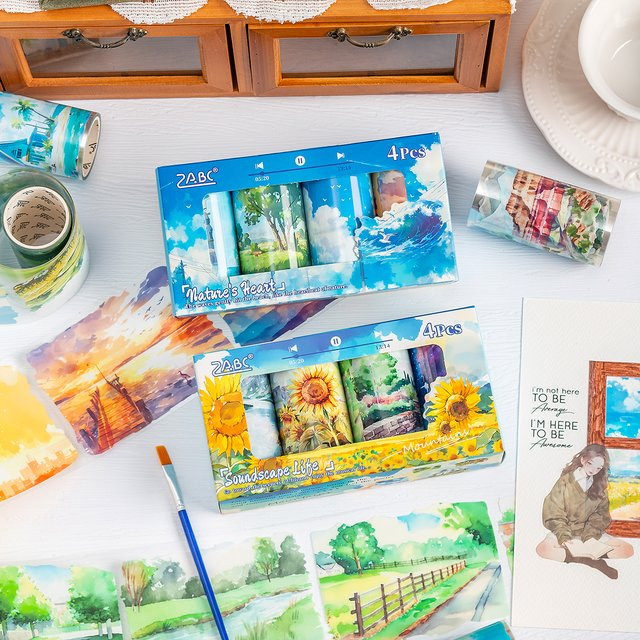 4 Rollen transparentes PET-Washi-Klebeband Set mit Naturlandschaft-Design in Multicolour für Scrapbooking und Journaling - Bild 1