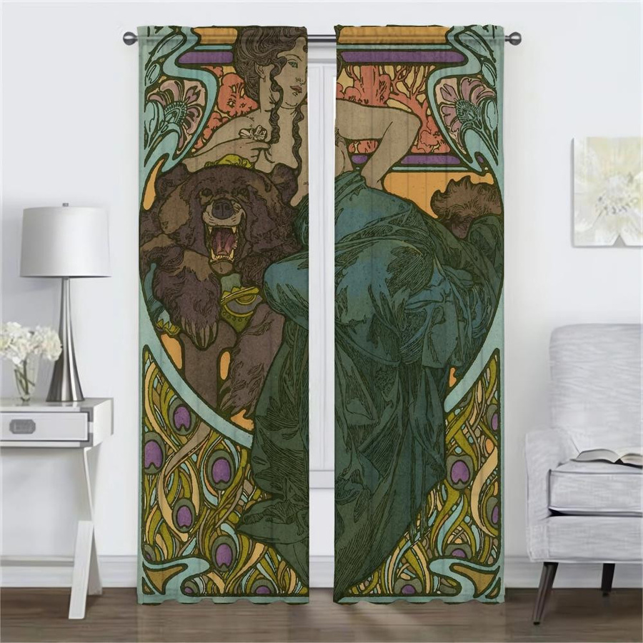 Alphonse Mucha Küchenvorhänge im modernen Stil, 2er-Set Verdunkelungsvorhänge für Wohnzimmer und Fenster, Mehrfarbig, B: 50 cm, H: 70 cm - Bild 1