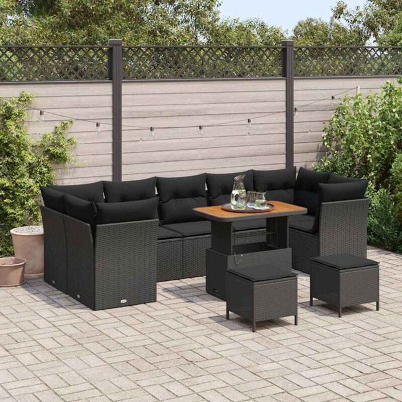 Vidaxl Garten-Sofa-Set aus Poly-Rattan und Massivholz in Schwarz, 10-teiliges modernes Set mit höhenverstellbaren Elementen - Bild 1