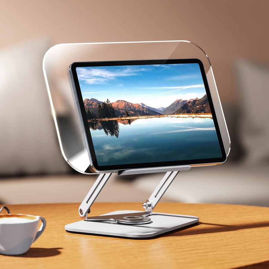Bisofice Desktop Buchständer aus transparentem Acryl mit 360 Grad drehbarer Basis und Seitenklammern, faltbar - Bild 2