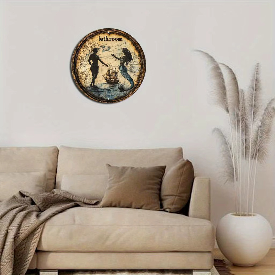 Potdemiel Runde Aluminium-Wandkunst im Vintage-Meerjungfrauen- und Piraten-Stil, Mehrfarbig, Durchmesser: 20,3 cm - Bild 4