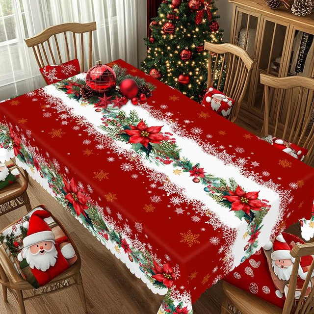 JINGYUE Pet Weihnachts-Tischdecke im Vintage-Bauernhaus-Stil mit Weihnachtsmann, Rentier und Weihnachtsbaum, rot, B/T: 152 x 220 cm - Bild 1