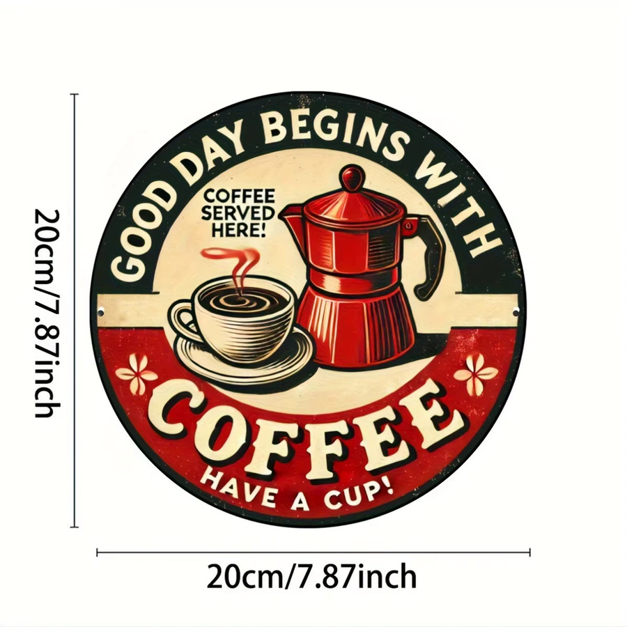 Potdemiel Rundes Vintage-Aluminiumschild Good Day Begins With Coffee in Multicolour, Durchmesser: 19,81 cm - Bild 2