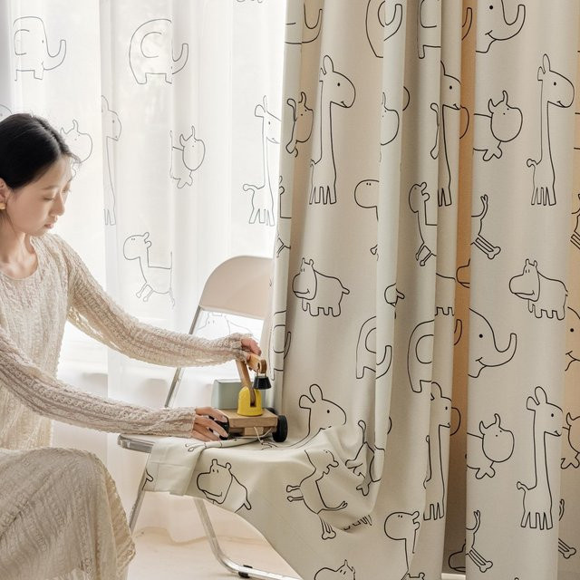 AiFish Halbschmuckvorhänge mit Cartoon-Tier-Muster für Kinderzimmer, beige und transparent, B: 180 cm, H: 100 cm - Bild 1