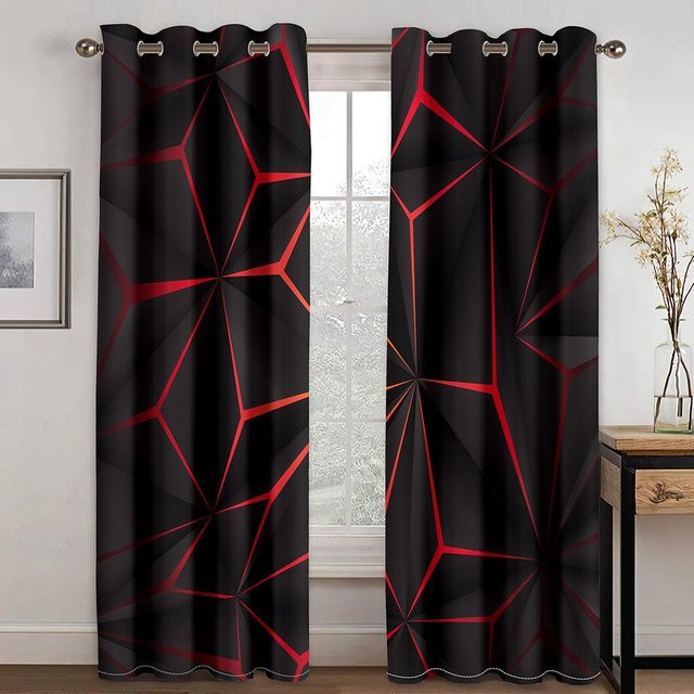 2er-Set Semi-transparente Fenstervorhänge mit 3D Schwarzer Illusion und psychedelischem Geometrie-Design aus Polyester, Breite: 135 cm, Höhe: 165 cm - Bild 1