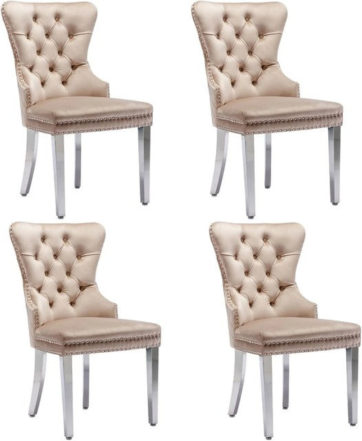 Merax Esszimmerstuhl 4er Set aus Samt in Beige mit Metallbeinen - Bild 1
