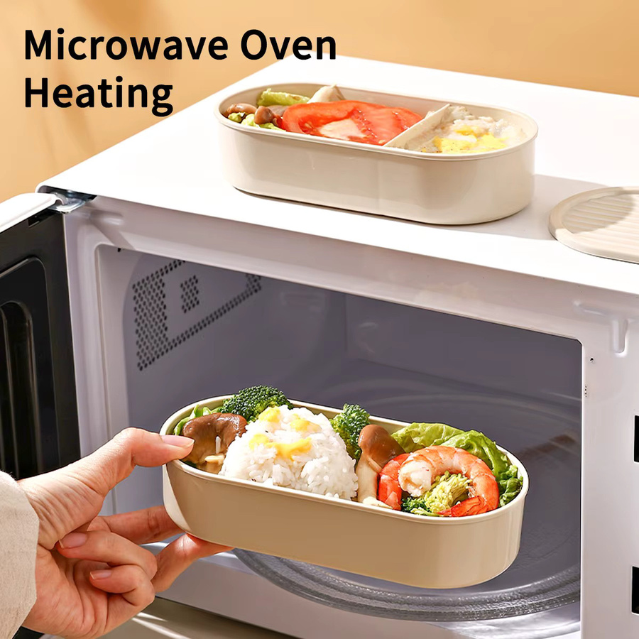 WORTHBUY Ovale Bento-Box aus Kunststoff in Beige mit Unterteilungen und Snap-Lid, mikrowellengeeignet - Bild 2