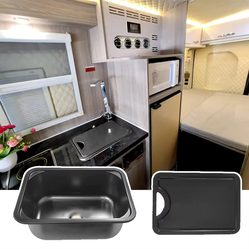 Schwarze Wohnmobil-Spüle mit Schneidebrett-Abdeckung und quadratischem Trompetenspülbecken, B/T/H: 38,0 x 14,5 cm - Bild 2