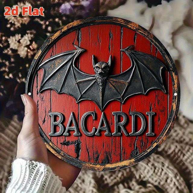 Bacardi Bat Logo Vintage Metallschild von Potdemiel in Rot, rundes Aluminium-Wandschild mit Durchmesser: 20 cm - Bild 1