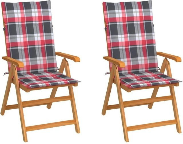 vidaXL Gartenstühle Set aus Teakholz mit roten Karomuster Kissen und Armlehnen - Bild 1