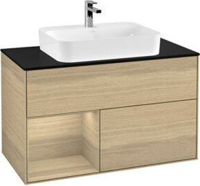 V&B Waschtischunterschrank Finion 100 Wandmontage mit LED-Beleuchtung und offenen Regalfächern in Beige - Bild 1