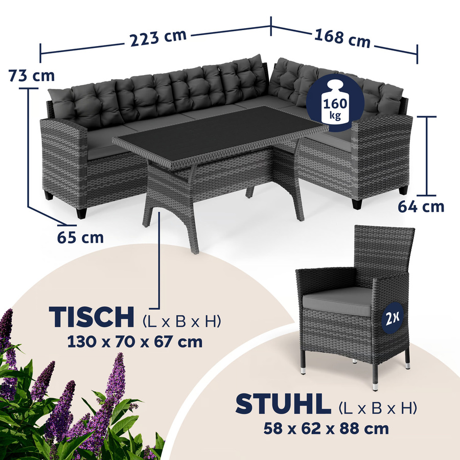 Casaria Polyrattan Ecklounge Lissabon in Grau/Anthrazit mit Eckbank, Tisch und 2 Gartenstühlen inklusive Polsterung - Bild 2