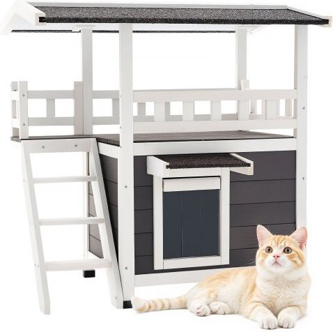 VEVOR Katzenhaus aus Tannenholz für den Außenbereich mit 2 Etagen, Treppe und Balkon, wetterfestes Katzenhaus für drinnen und draußen, B/T/H: 76 x 56 x 77 cm - Bild 1