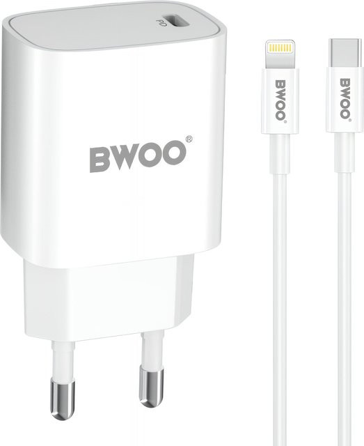 BWOO CDA159 Netzladegerät mit USB-C und Lightning-Kabel, 20W, 3A, Weiß - Bild 1