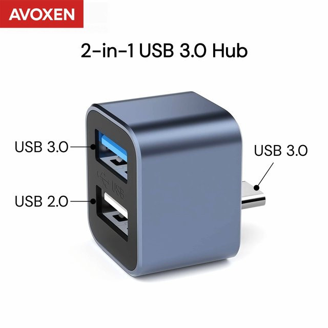 AVOXEN USB-C auf USB 3.0 Hub, 2-in-1 Hochgeschwindigkeits-Adapter mit 2 Anschlüssen, 5 Gbit/s, Aluminium, für Laptop und MacBook - Bild 1