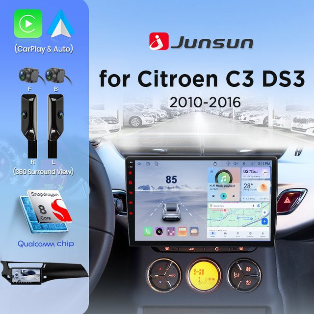 Junsun Autoradio für Citroen C3 und DS3 (2010-2016) mit 360 Grad Panoramakamera, kabellosem CarPlay, Android Auto, GPS, 4G LTE und KI-Sprachsteuerung in Schwarz - Bild 1