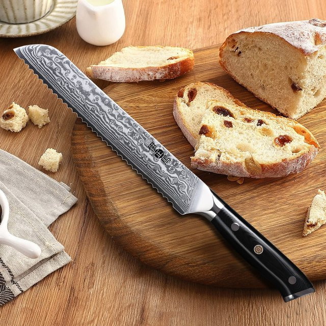 YIZEMA Brotmesser aus 67-lagigem Damaszener Stahl, 8 Zoll gezahntes Profi-Küchenmesser in Schwarz - Bild 1
