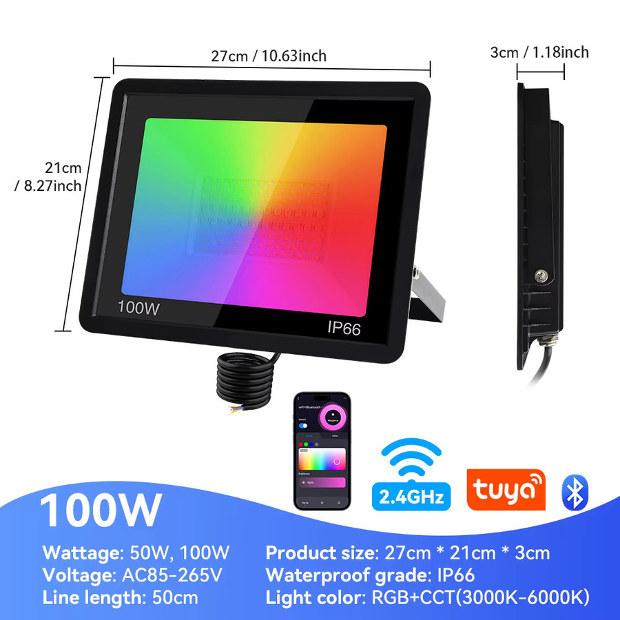 Arbrac 100W Tuya RGB LED Flutlicht Smart App Steuerung, dimmbarer wasserdichter Außen-Scheinwerker in Schwarz für Garten, Bühne und Party - Bild 6