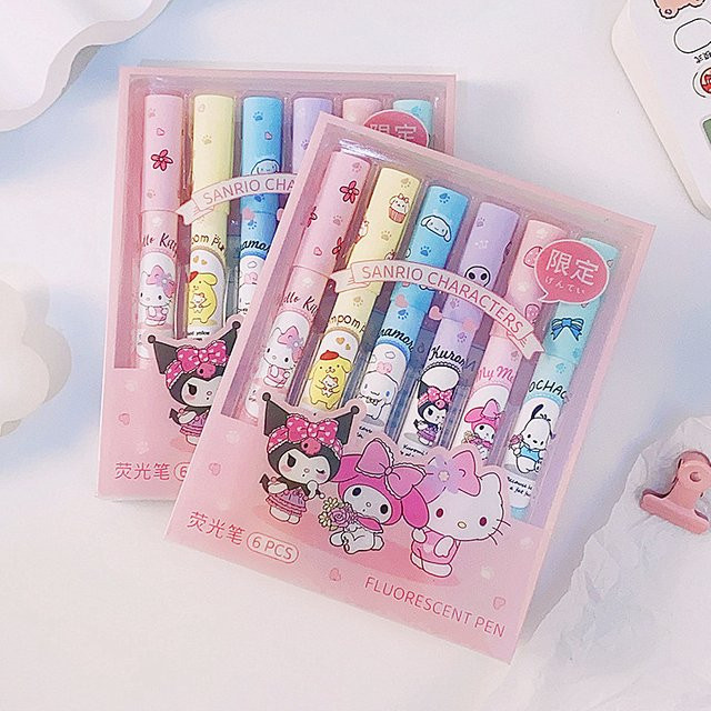 Sanrio Hello Kitty Textmarker-Set mit 6 fluoreszierenden Markierungsstiften in Multicolour für Schule und Büro - Bild 1