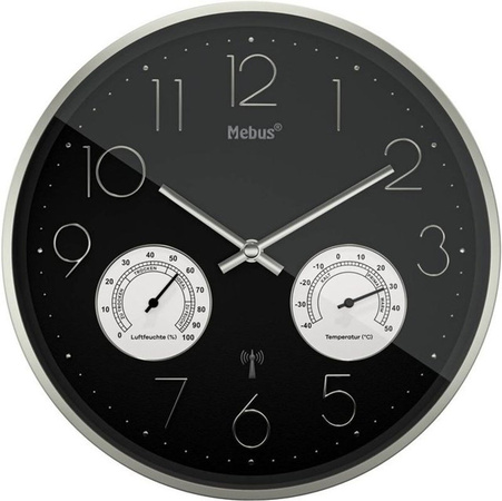 Mebus Wanduhr rund in Schwarz und Silber mit Funkuhr, Thermometer und Hygrometer, Durchmesser: 30 cm