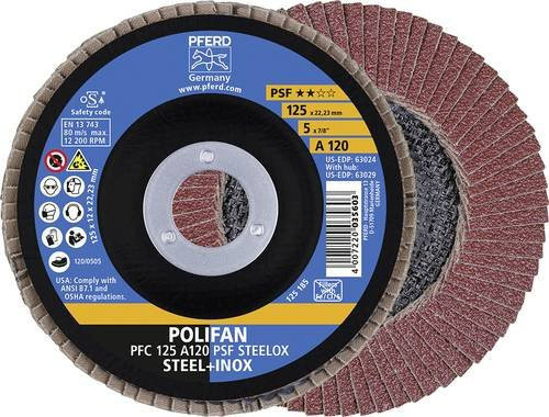 PFERD PSF Steelox Fächerschleifscheibe für Stahl und Edelstahl, Körnung 120, Durchmesser: 125 mm, Bohrungs-Ø: 22,23 mm, 10 Stück - Bild 1
