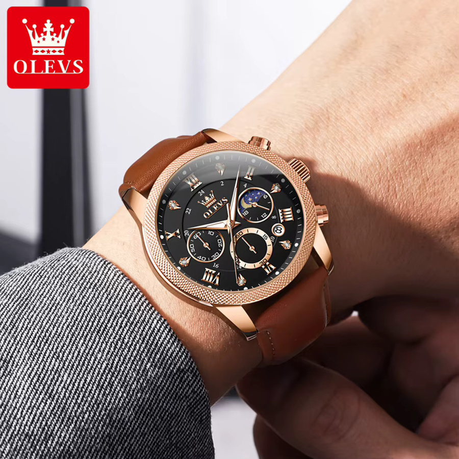 OLEVS Chronograph, Quarz, Edelstahl, Bicolor, Leder, Schwarz, Herren - Bild 5