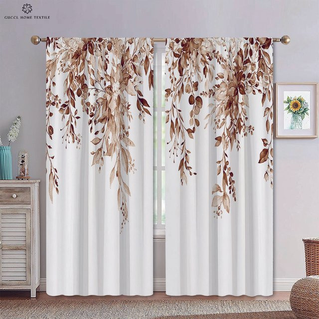 Zweiteiliges semi-transparentes Fensterbehang Set mit Blumen- und Blattmuster in Weiß, B: 50 cm, H: 130 cm - Bild 1