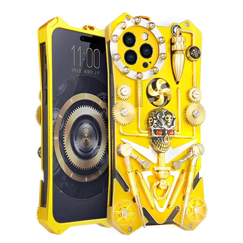 Stoßfeste Metall-Gear-Stand Handyhülle mit Totenkopf-Kompass-Design für iPhone 16 15 14 13 12 Pro Max 15 Plus in Gold und Gelb - Bild 2