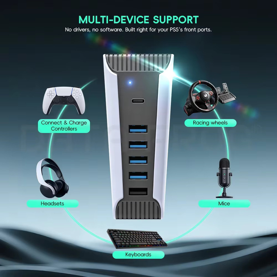 DATA FROG 6-Port USB 3.0 Hub für PS5 mit USB-C Splitter Erweiterungsadapter für Gaming-Zubehör - Bild 2