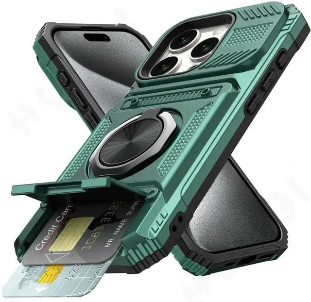 YULIN Brieftaschenhülle mit magnetischem drehbarem Ring-Ständer für iPhone 12 bis iPhone 17 Pro Max, Farbe: Grün - Bild 1
