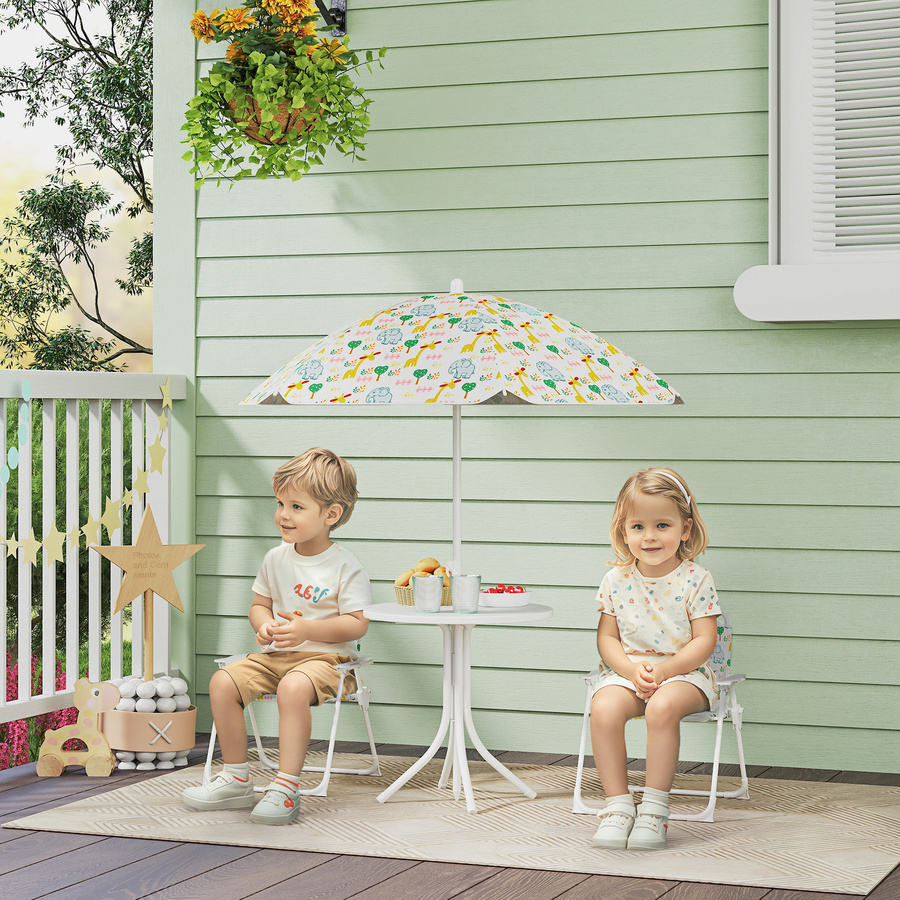 AIYAPLAY Kindersitzgruppe Garten in Weiß mit Gartentisch, 2 Klappstühlen und Sonnenschirm, höhenverstellbar, B/H/L: 49,5 x 50 x 49,5 cm - Bild 2