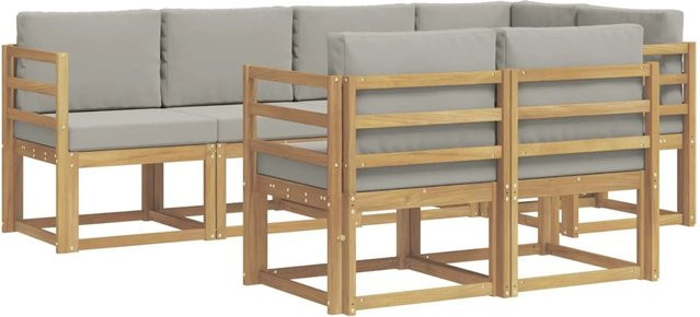vidaXL Outdoor-Sofagarnitur 7-teilig aus massivem Akazienholz in Weiß-Hellgrau mit Kissen und L-Form - Bild 1