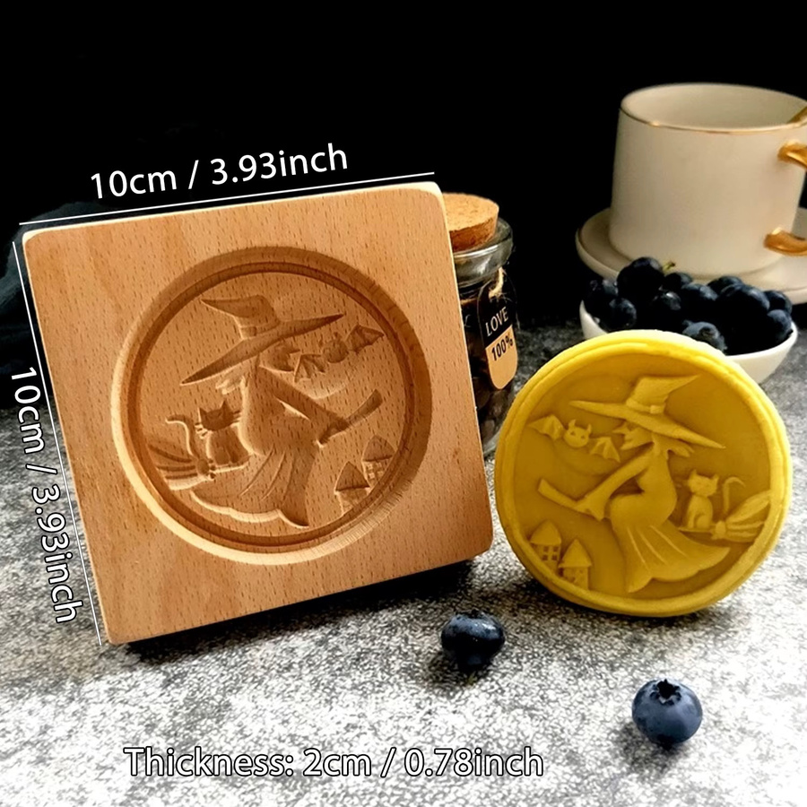 Cippes Halloween Keksformen aus Holz mit 3D-Prägung für Lebkuchen in Kürbis, Schädel, Geist und Hexe, Farben: Orange und Braun - Bild 3