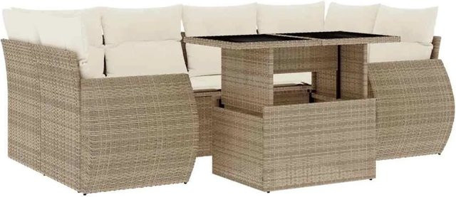 vidaXL 7-tlg. Garten-Sofagarnitur in L-Form aus PE-Rattan und pulverbeschichtetem Stahl mit Kissen in Beige-Creme - Bild 1