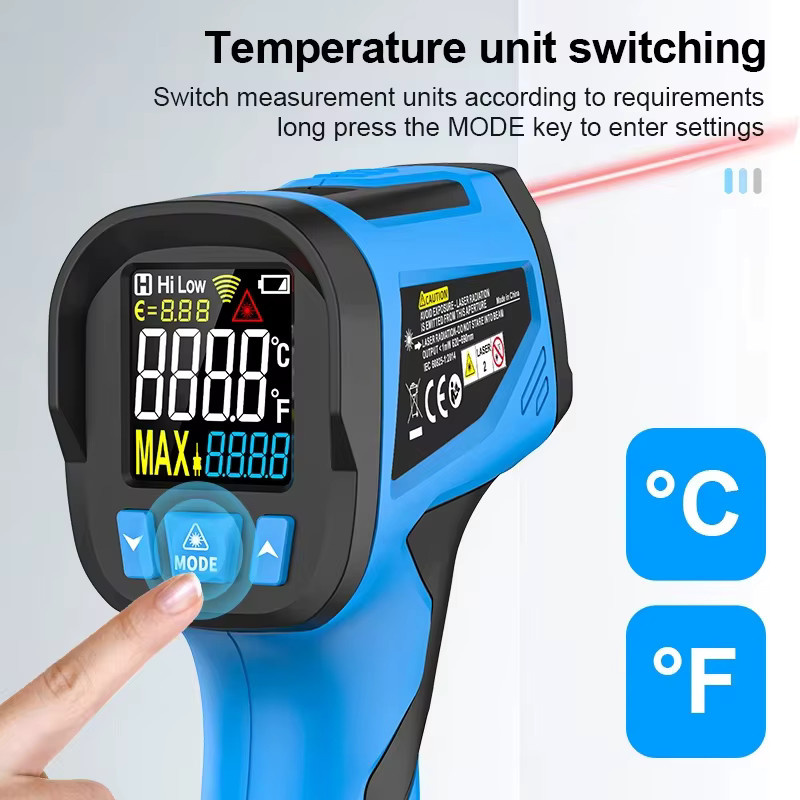 Mestek Digitales Infrarot-Thermometer Blau - Berührungsloses Laser-Temperaturmessgerät mit Pyrometer und Hygrometer für Messbereiche von -50 bis 800 Grad - Bild 5