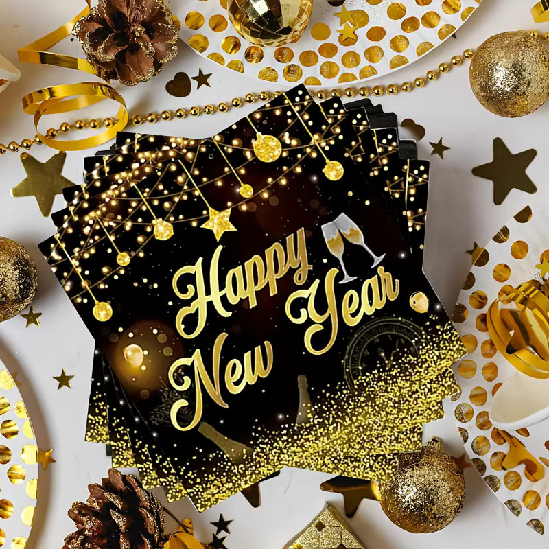 20 Stück Silvester Einwegservietten Schwarz Gold mit Frohes Neues Jahr Musterdruck für deine Party - Bild 1