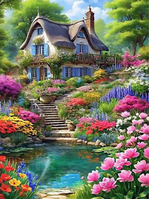 YUTTEE 5D Diamantmalerei Set Landschaft mit Blumen und Landhaus Motiv in Mehrfarbig, B/H: 30 x 20 cm - Bild 1